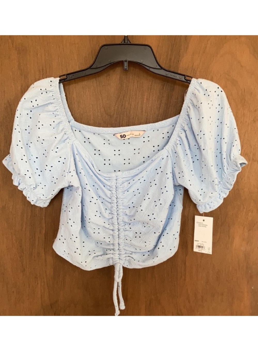 SO top eyelet light blue cinch front puff sleeve crop boho cottagecore